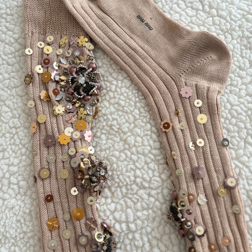 Miu Miu Sparkling Tan Knee-High Socks - Picture 6 of 11